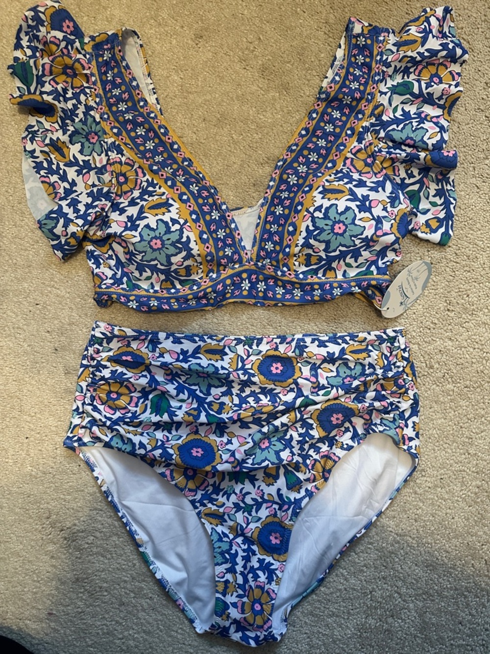 Floral Ruffle V-Neck High-Waist Bikini Set - Blue Multi
